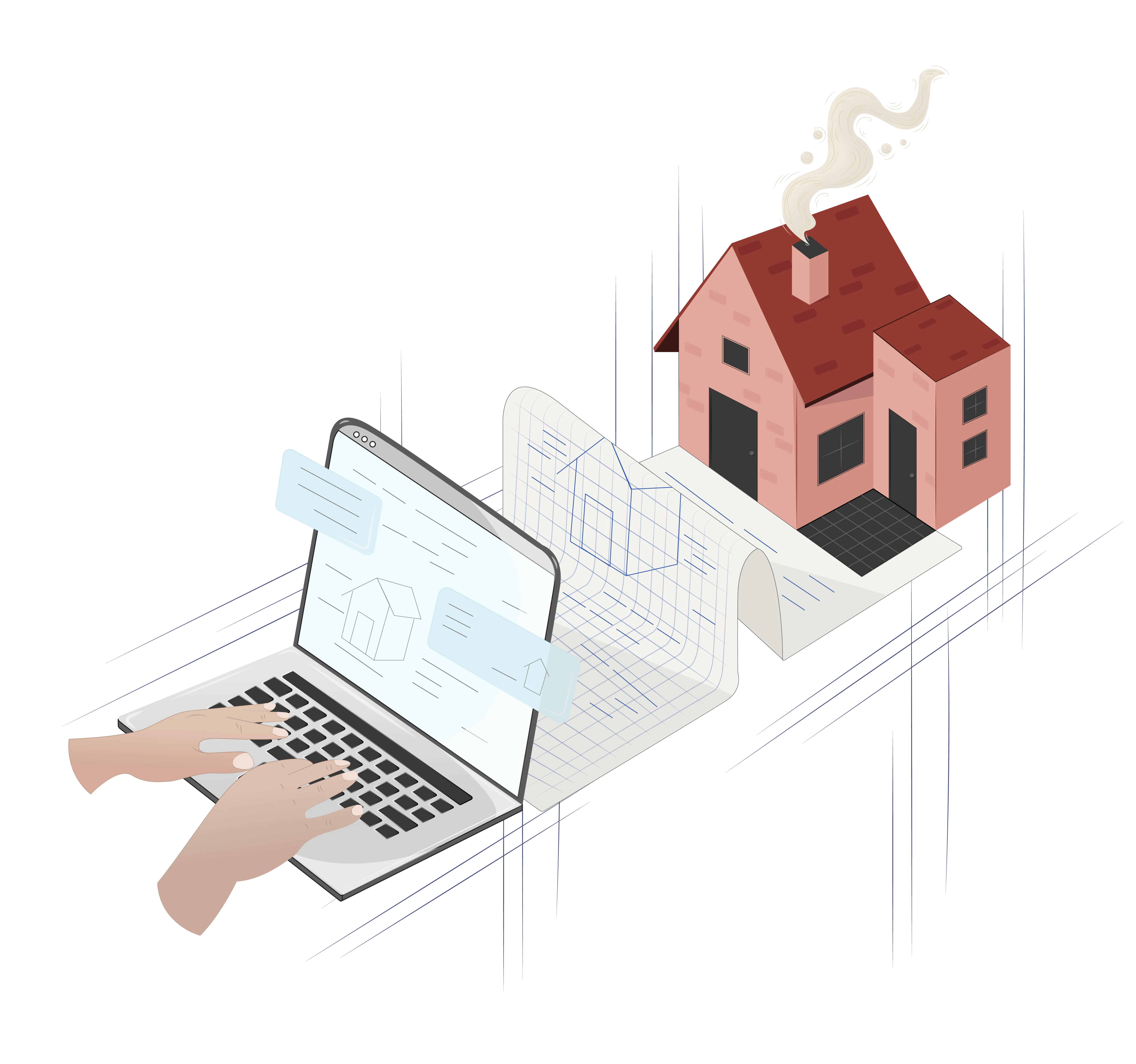 Digital transformation illustration showing laptop with design software, architectural blueprints, and a house with smoke - representing the journey from digital design to physical implementation