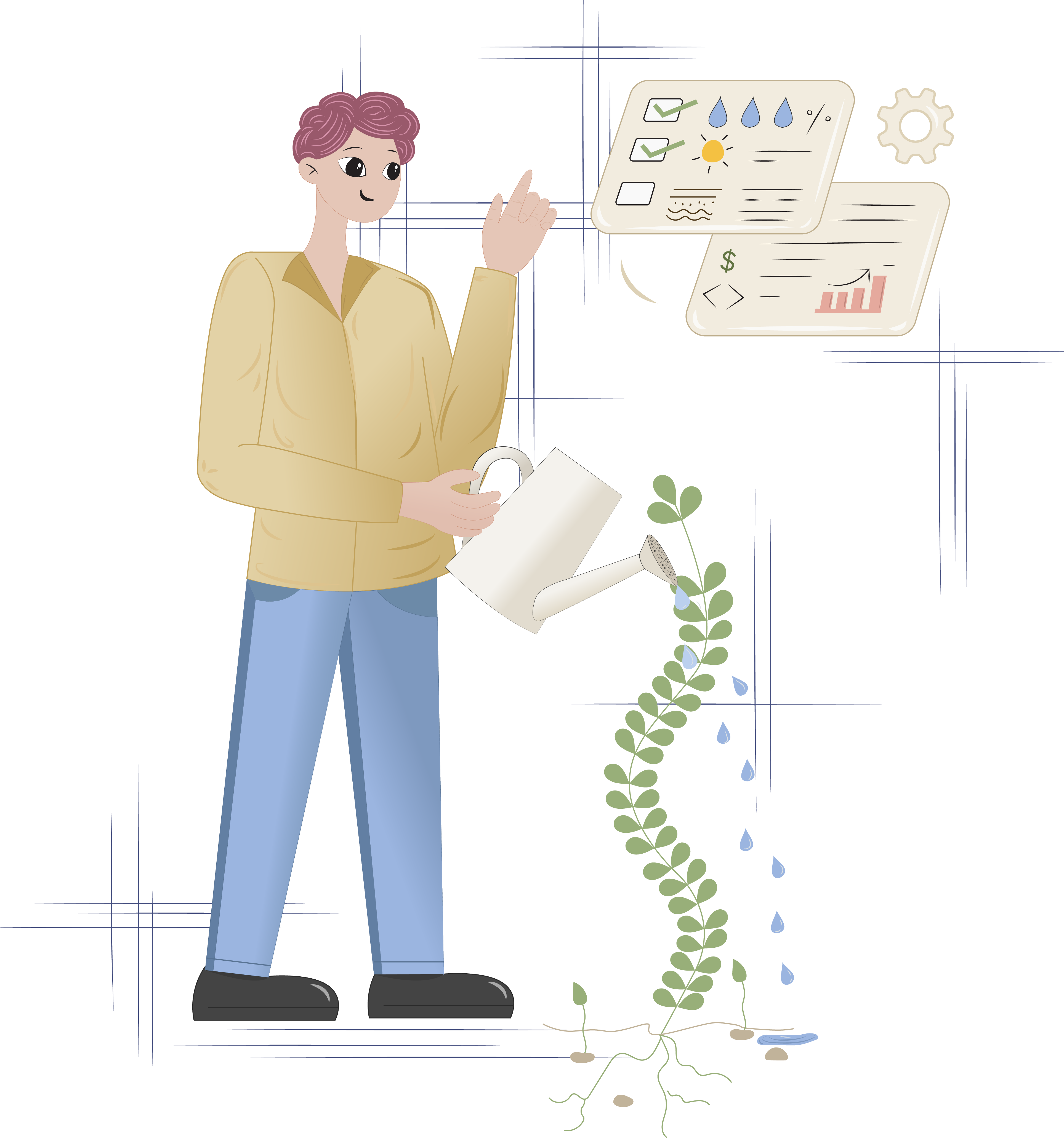 Digital transformation illustration showing laptop with design software, architectural blueprints, and a house with smoke - representing the journey from digital design to physical implementation