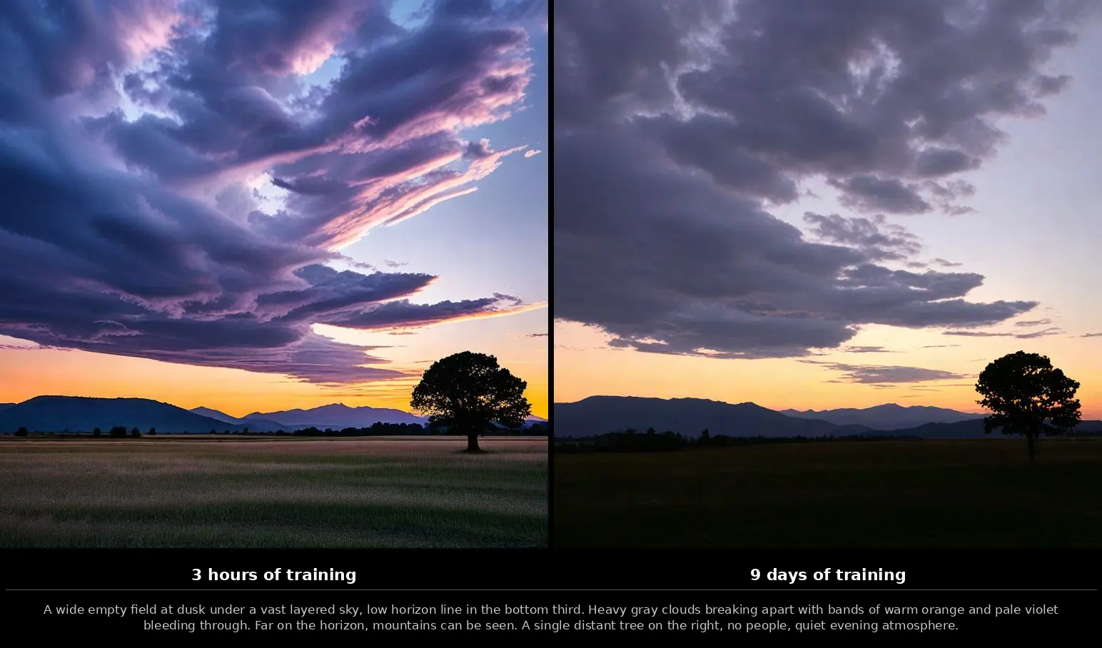 A wide empty field at dusk under a vast layered sky