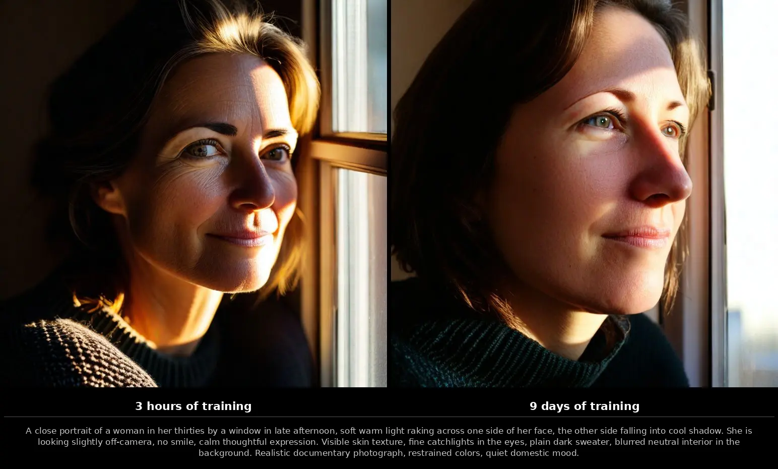 A close portrait of a woman in her thirties by a window in late afternoon