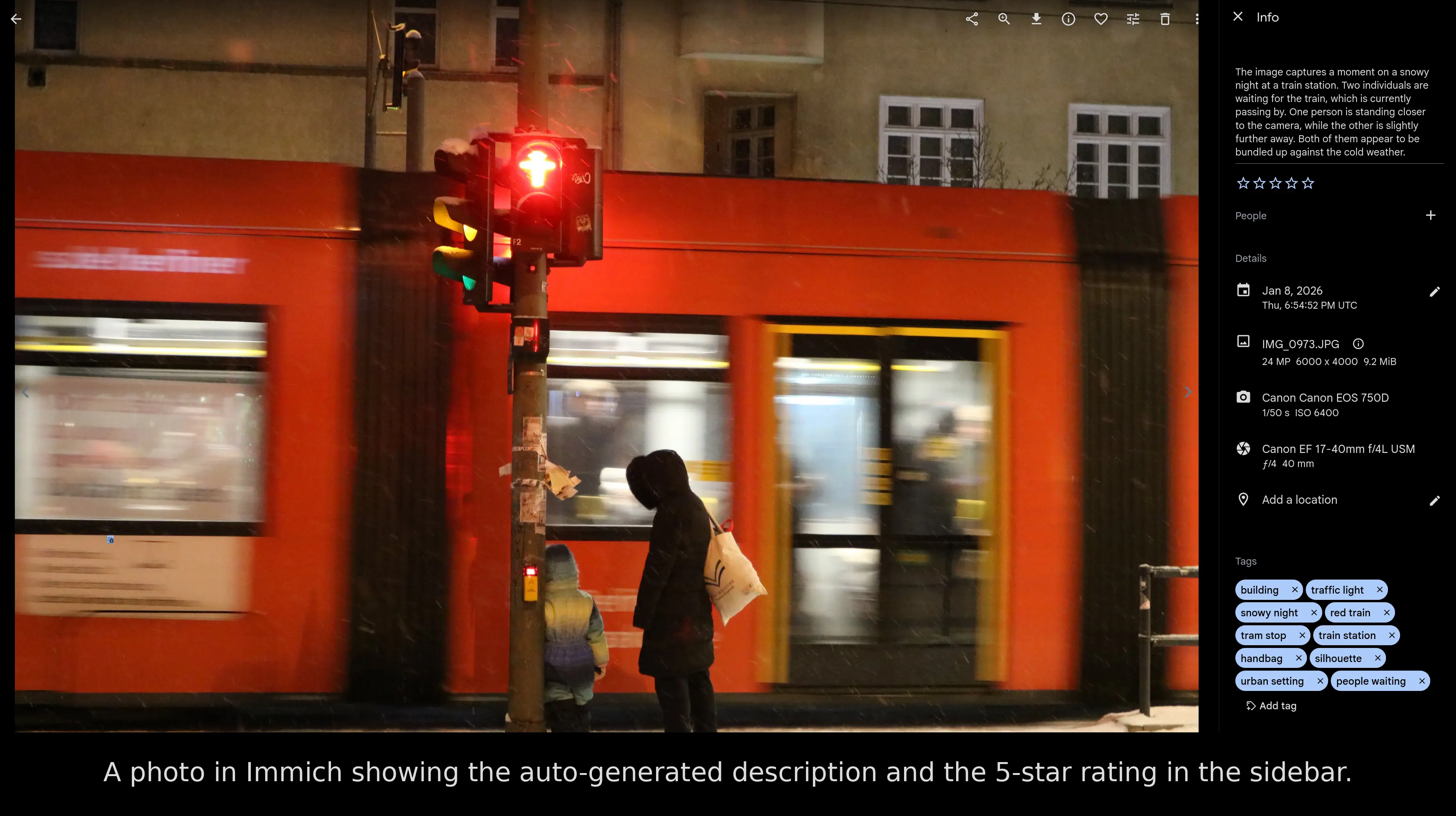 A photo in Immich showing the auto-generated description and the 5-star rating in the sidebar