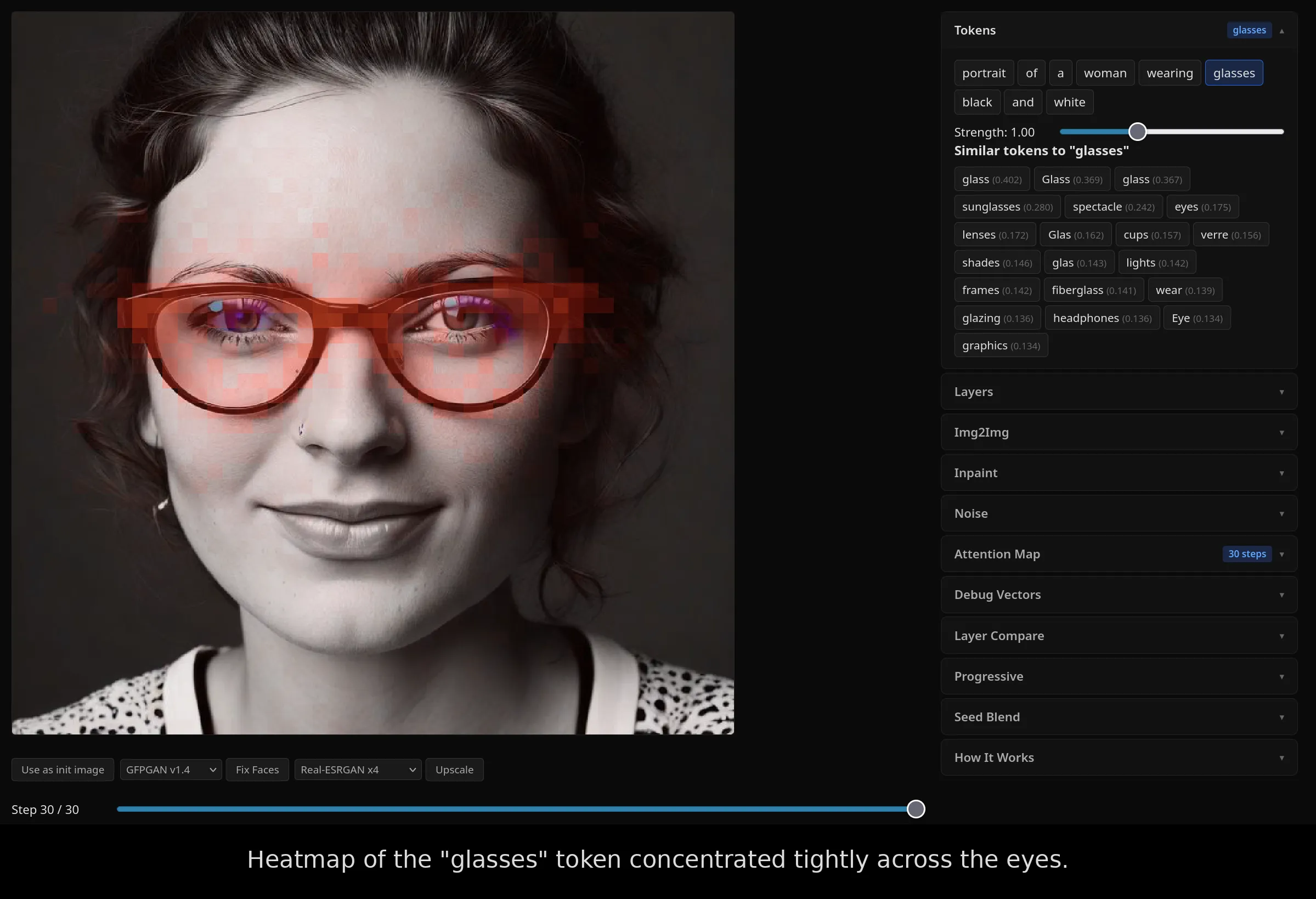Heatmap of the glasses token concentrated tightly across the eyes