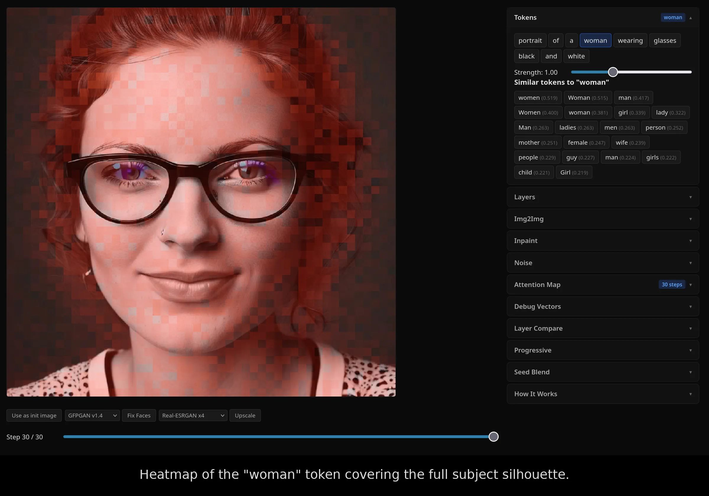 Heatmap of the woman token covering the full subject silhouette