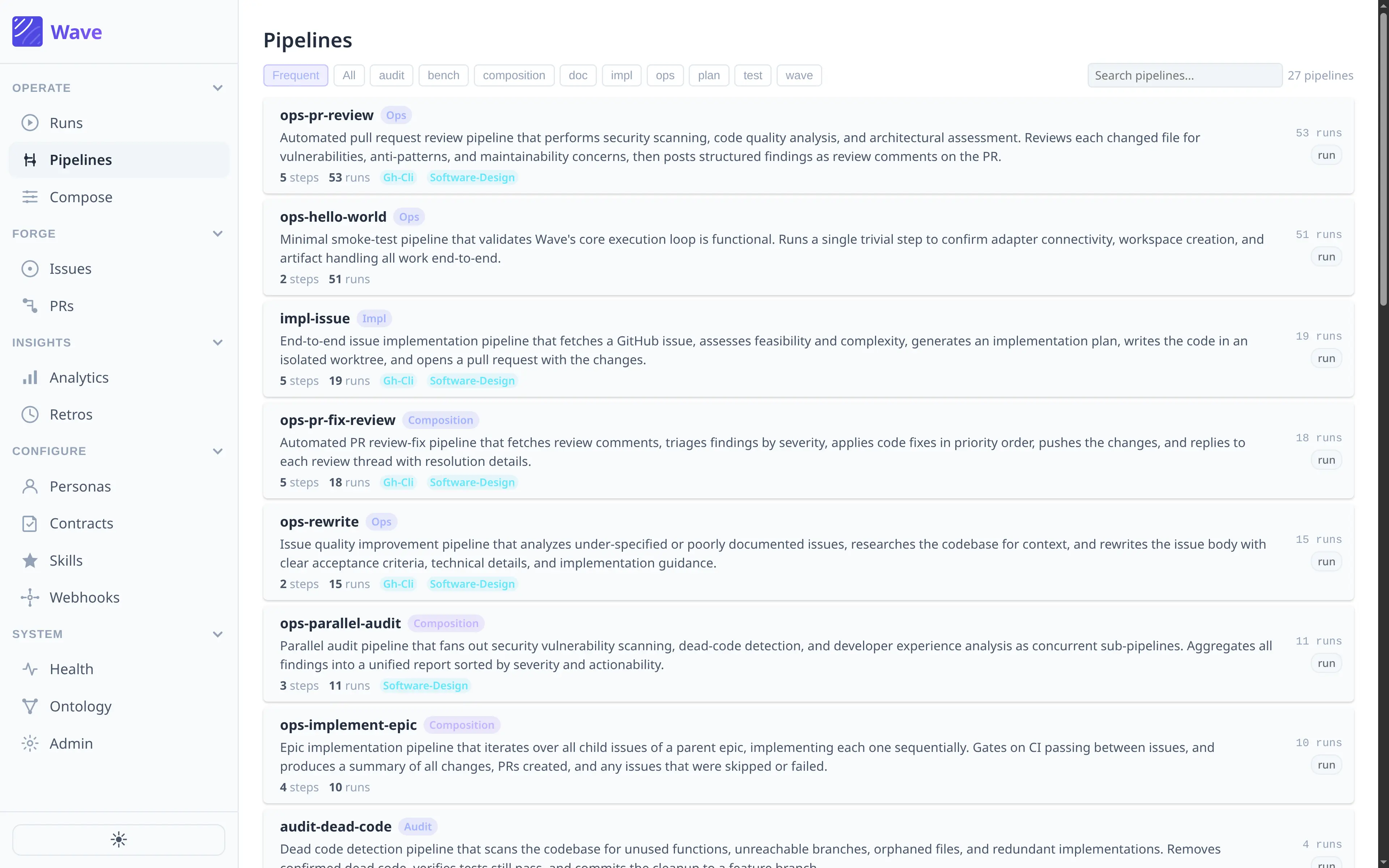 Wave's ontology view — bounded contexts and invariants are the governance surface drift detection reads from and proposes writes into.