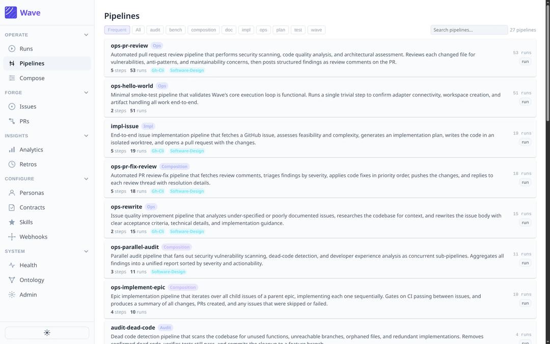 Wave's ontology view — bounded contexts and invariants are the governance surface drift detection reads from and proposes writes into.
